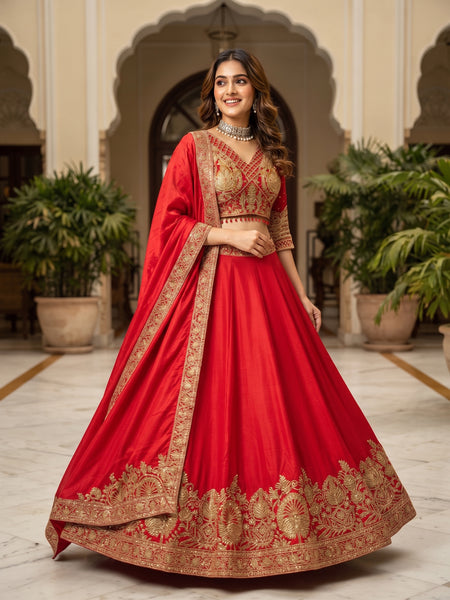Opulent Red Chinon Silk Lehenga Set with Heavy Coding & Sequins Work