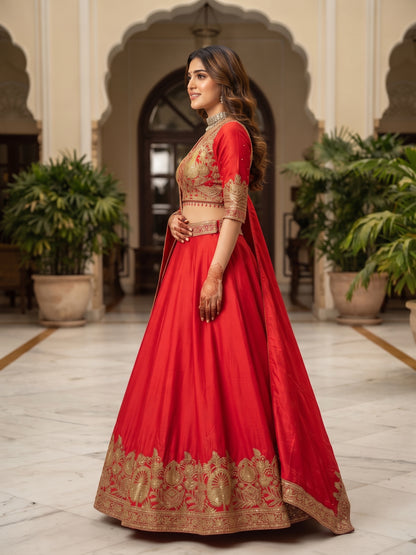 Opulent Red Chinon Silk Lehenga Set with Heavy Coding & Sequins Work
