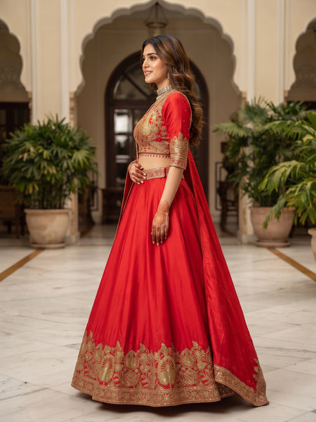 Opulent Red Chinon Silk Lehenga Set with Heavy Coding & Sequins Work