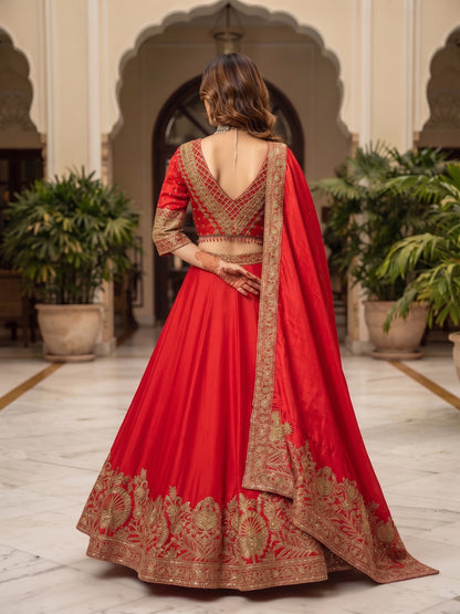 Opulent Red Chinon Silk Lehenga Set with Heavy Coding & Sequins Work