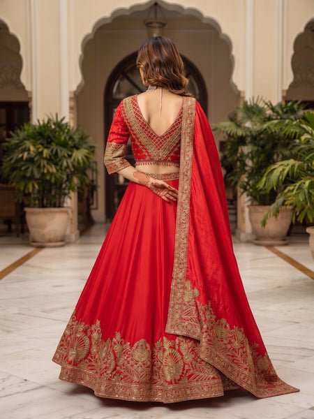 Opulent Red Chinon Silk Lehenga Set with Heavy Coding & Sequins Work
