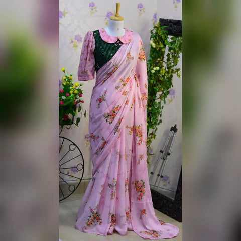 Attractive Heavy Georgette Saree With Floral Print And Lace Border