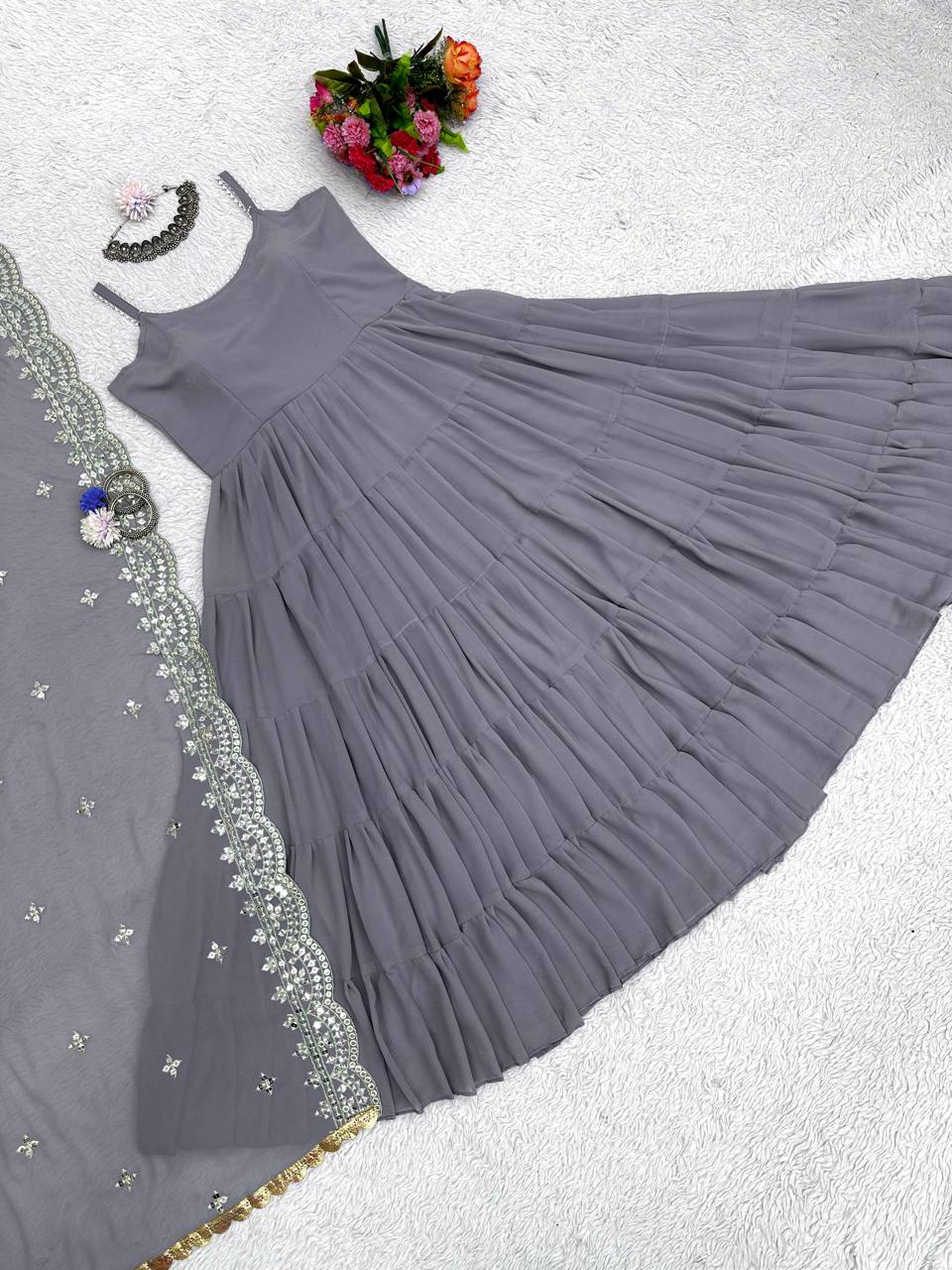 Party Wear Ready Made Anarkali Gown Dupatta Set For Women