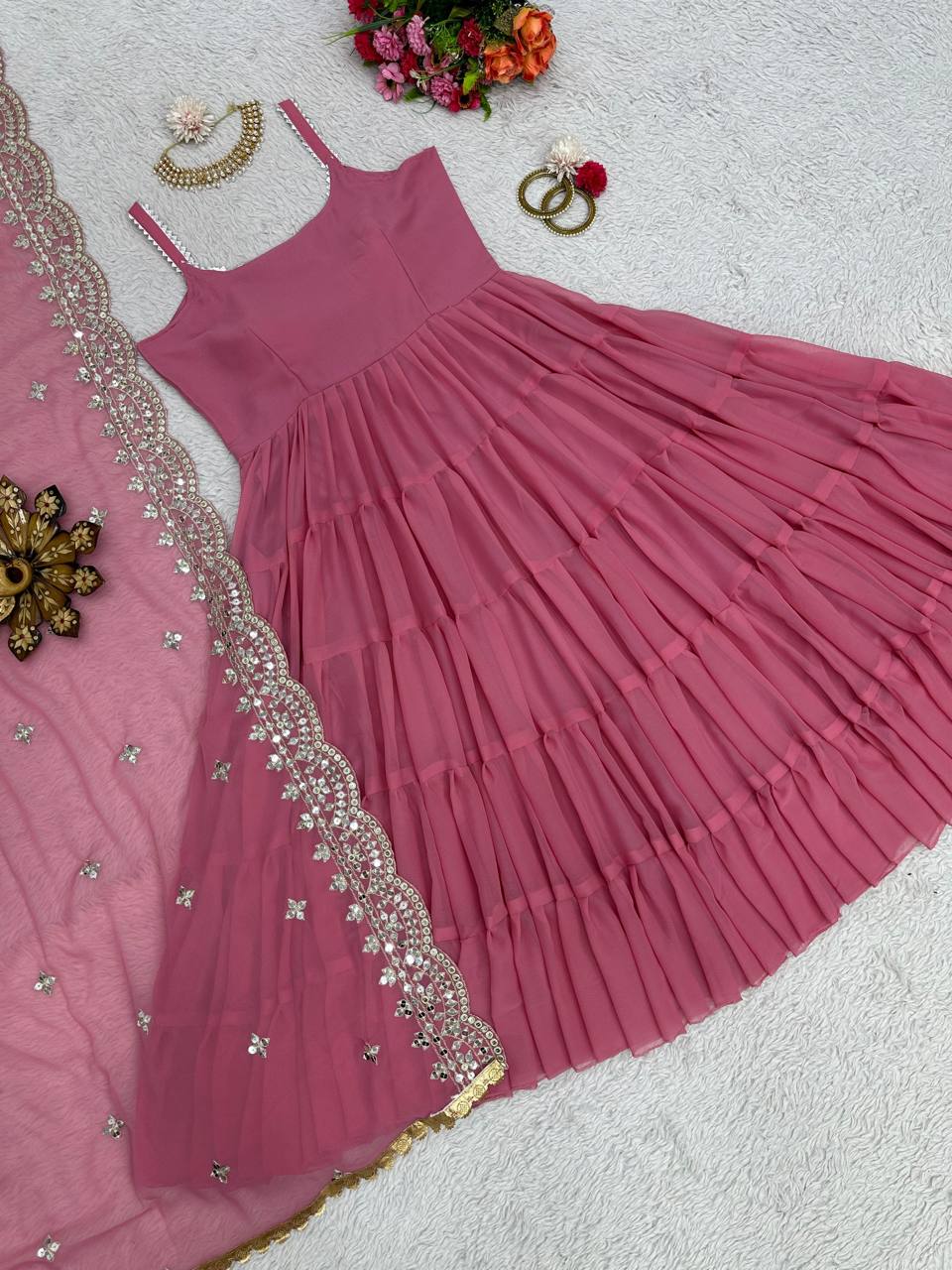 Party Wear Ready Made Anarkali Gown Dupatta Set For Women