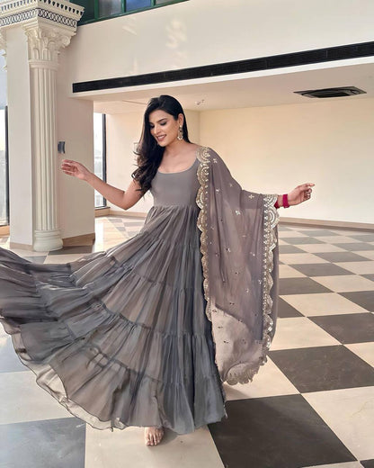 Party Wear Ready Made Anarkali Gown Dupatta Set For Women