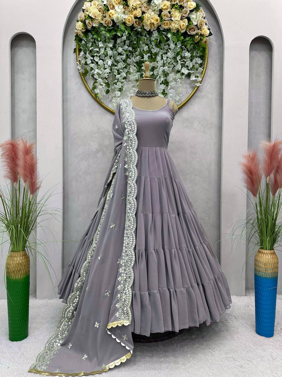 Party Wear Ready Made Anarkali Gown Dupatta Set For Women