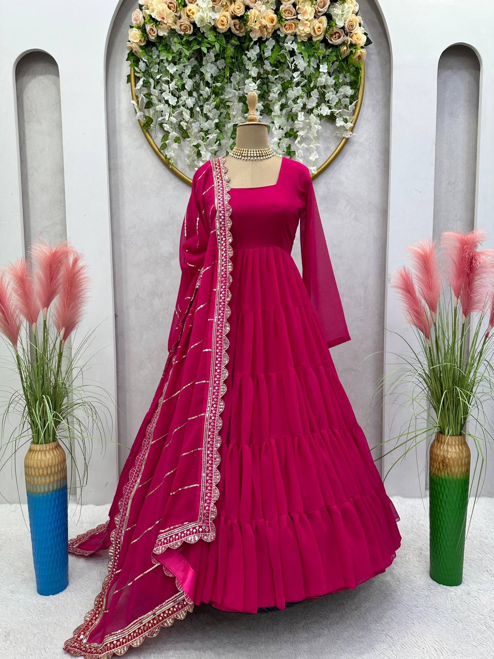 Pretty Magenta Color Georgette Ruffle Work Gown Dupatta