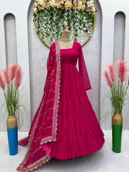 Pretty Magenta Color Georgette Ruffle Work Gown Dupatta