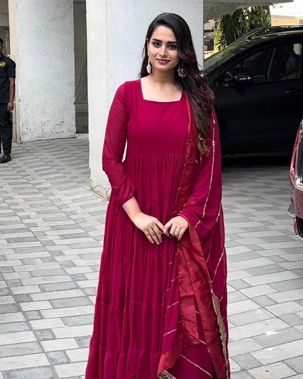 Pretty Magenta Color Georgette Ruffle Work Gown Dupatta