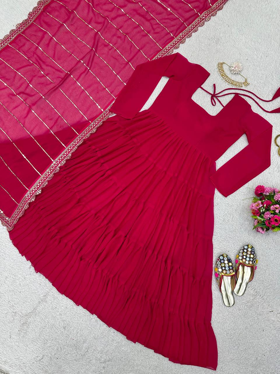 Pretty Magenta Color Georgette Ruffle Work Gown Dupatta