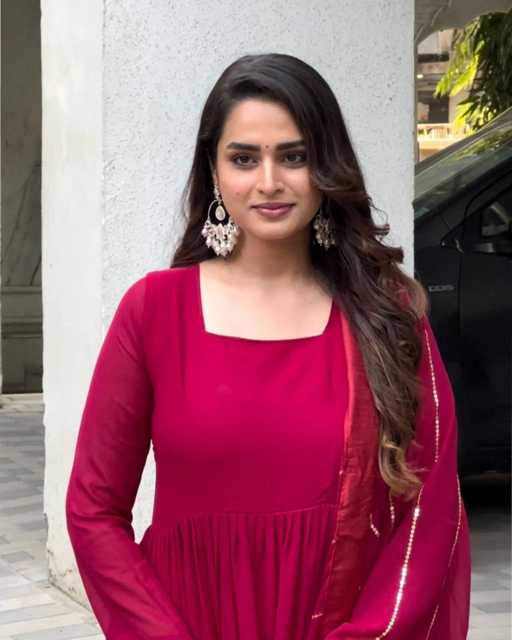 Pretty Magenta Color Georgette Ruffle Work Gown Dupatta
