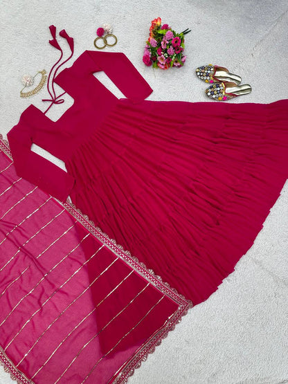 Pretty Magenta Color Georgette Ruffle Work Gown Dupatta