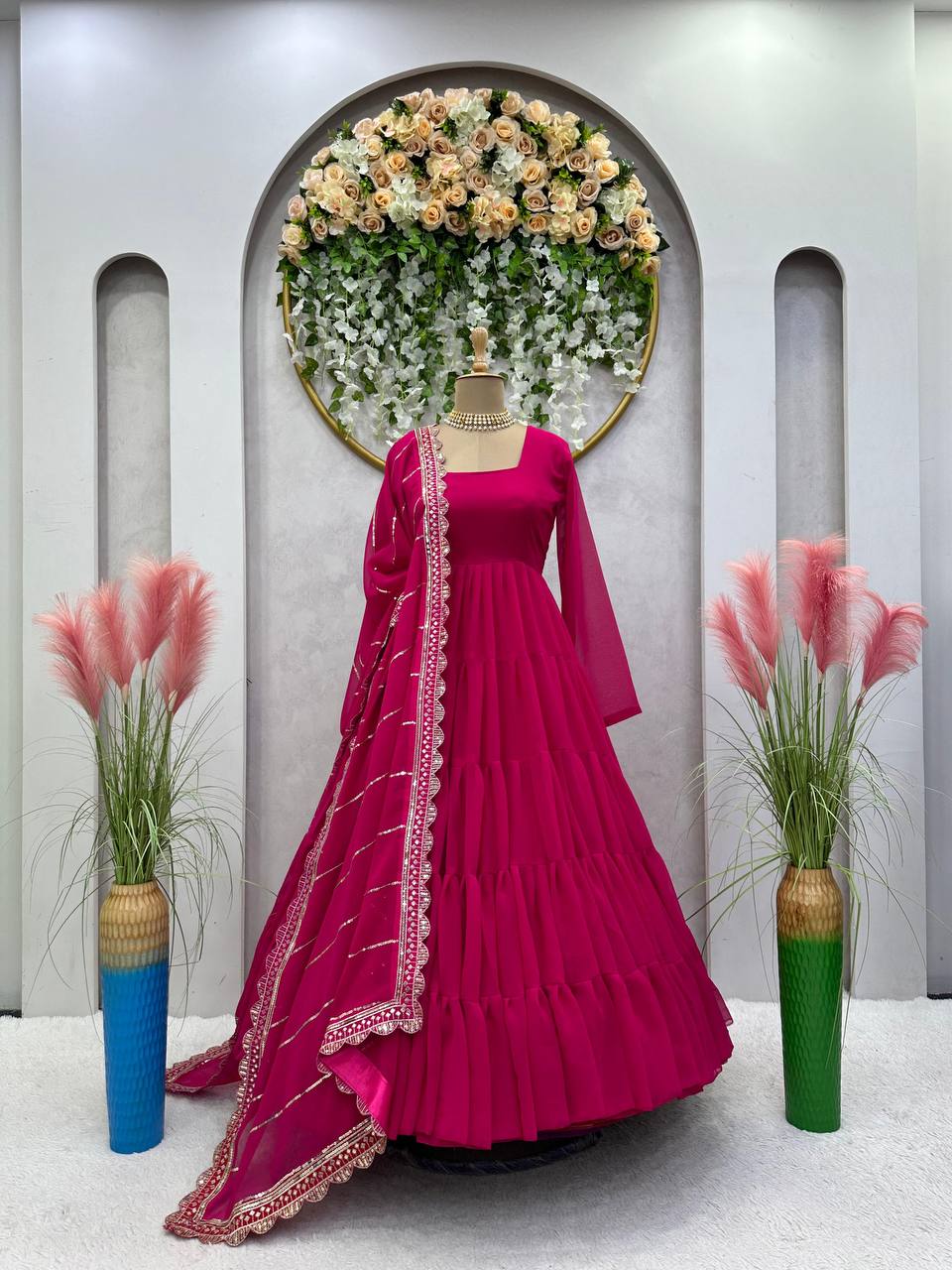 Pretty Magenta Color Georgette Ruffle Work Gown Dupatta