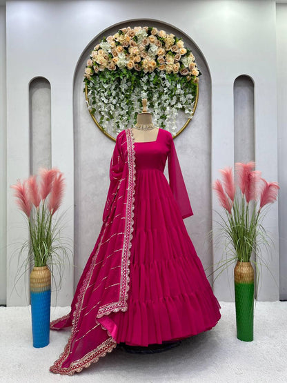 Pretty Magenta Color Georgette Ruffle Work Gown Dupatta