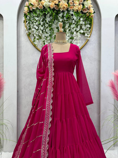 Pretty Magenta Color Georgette Ruffle Work Gown Dupatta