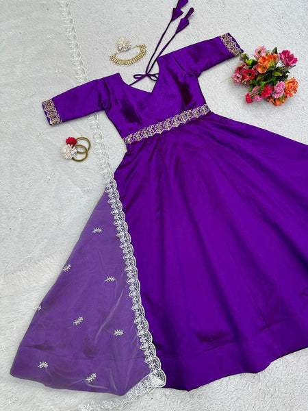 Unique Violet Color Thread Work Phantom Silk Ready Made Gown Dupatta