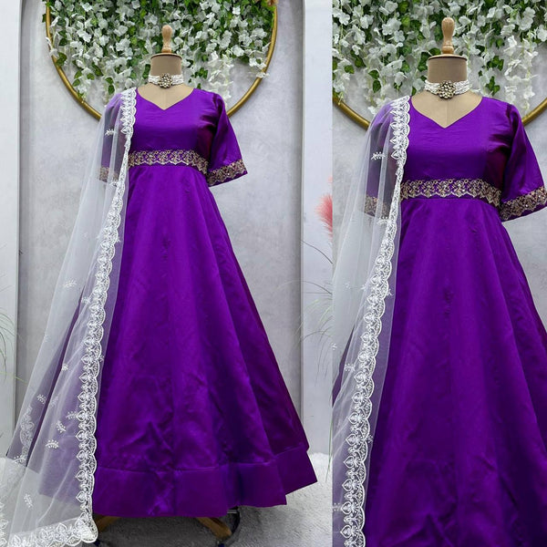 Unique Violet Color Thread Work Phantom Silk Ready Made Gown Dupatta