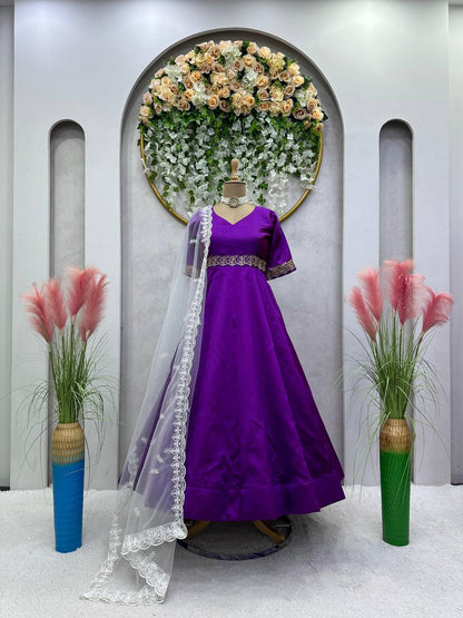 Unique Violet Color Thread Work Phantom Silk Ready Made Gown Dupatta