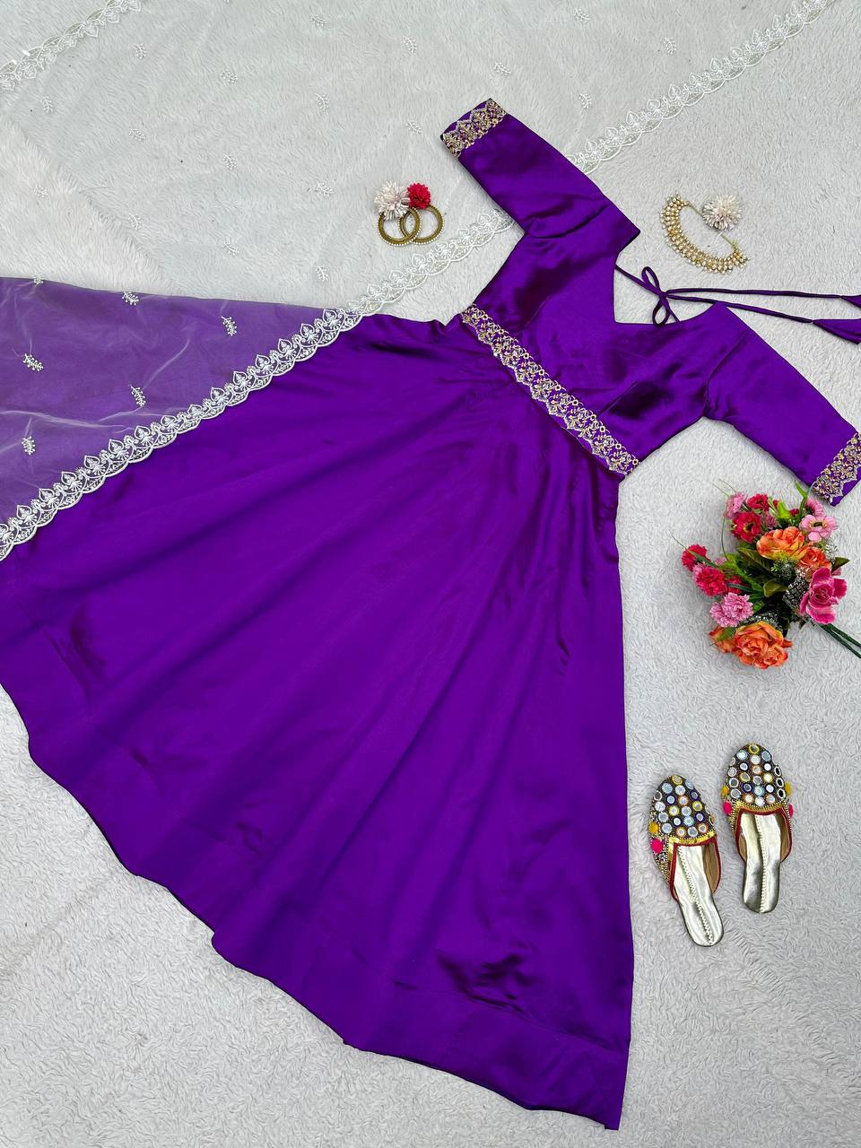 Unique Violet Color Thread Work Phantom Silk Ready Made Gown Dupatta