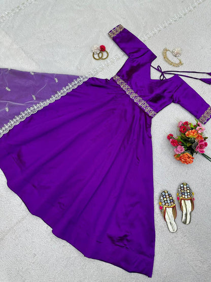 Unique Violet Color Thread Work Phantom Silk Ready Made Gown Dupatta