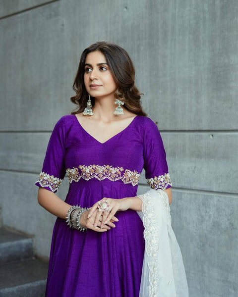 Unique Violet Color Thread Work Phantom Silk Ready Made Gown Dupatta