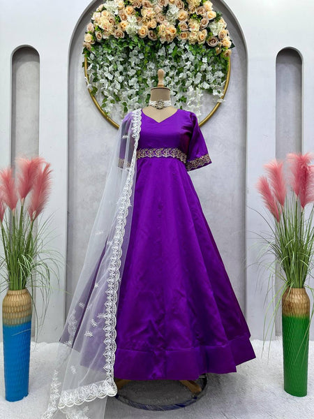 Unique Violet Color Thread Work Phantom Silk Ready Made Gown Dupatta