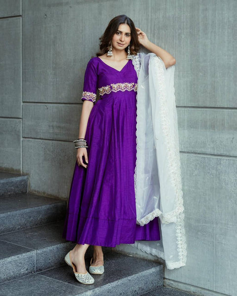 Unique Violet Color Thread Work Phantom Silk Ready Made Gown Dupatta