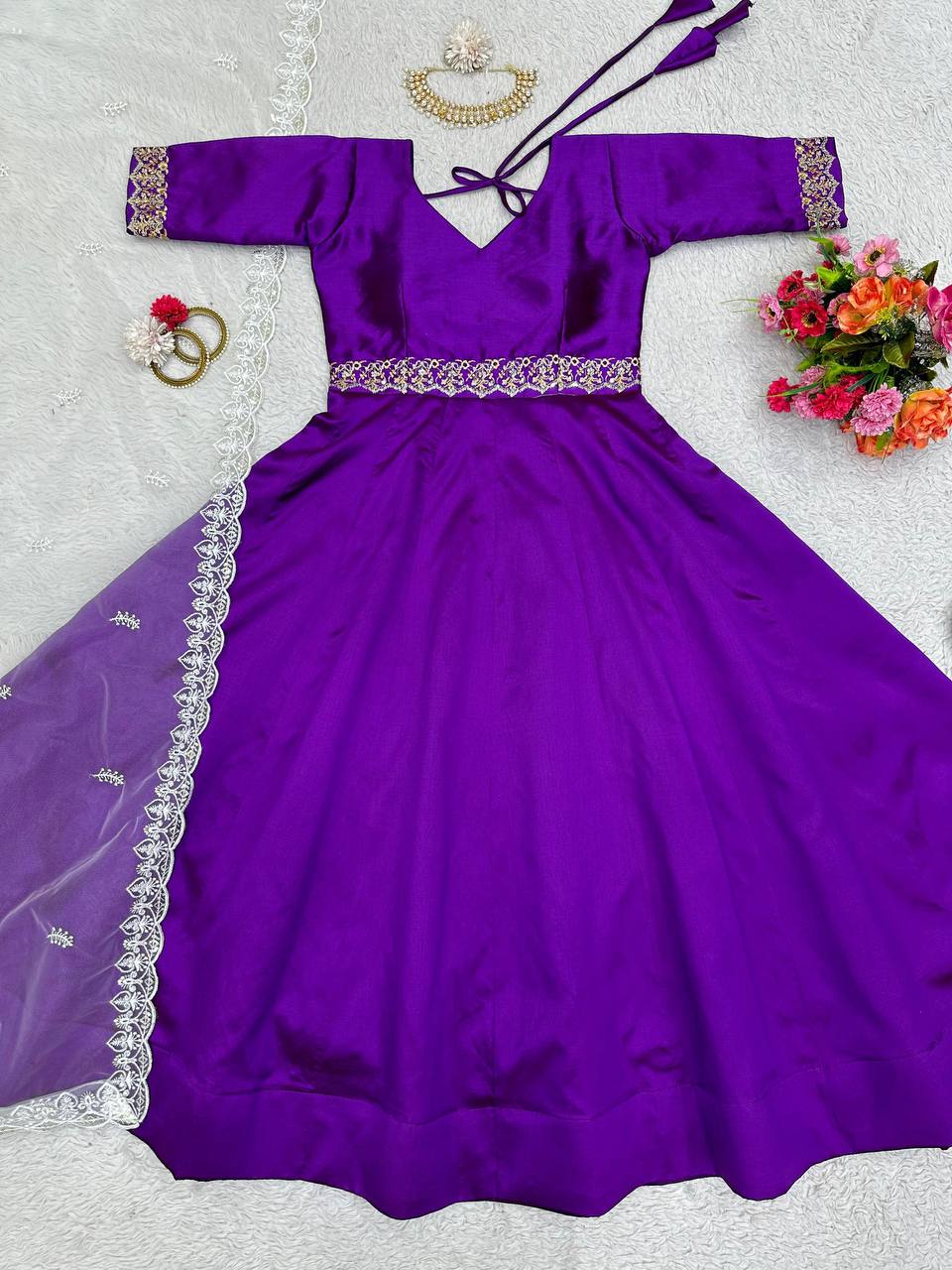 Unique Violet Color Thread Work Phantom Silk Ready Made Gown Dupatta