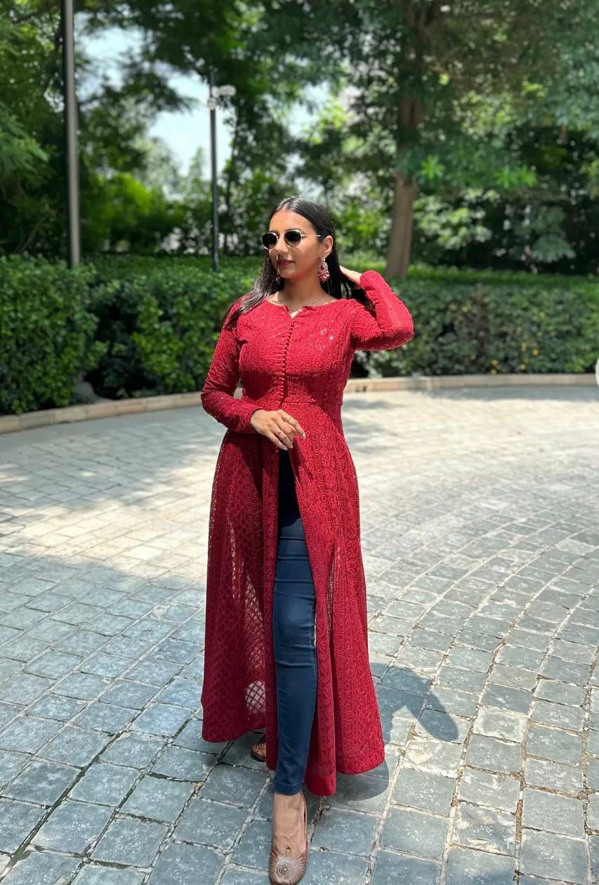 Stylish Chickankari Slit Cut Long Anarkali Kurti