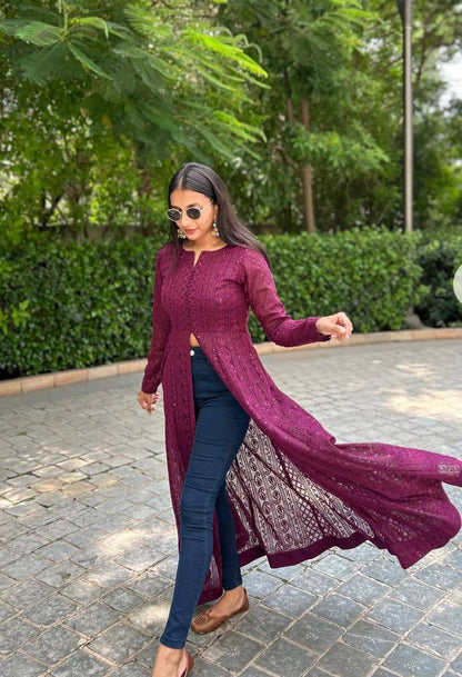 Stylish Chickankari Slit Cut Long Anarkali Kurti
