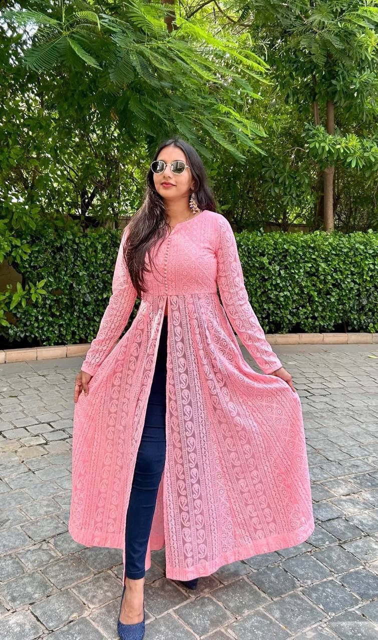 Stylish Chickankari Slit Cut Long Anarkali Kurti