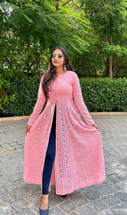 Stylish Chickankari Slit Cut Long Anarkali Kurti