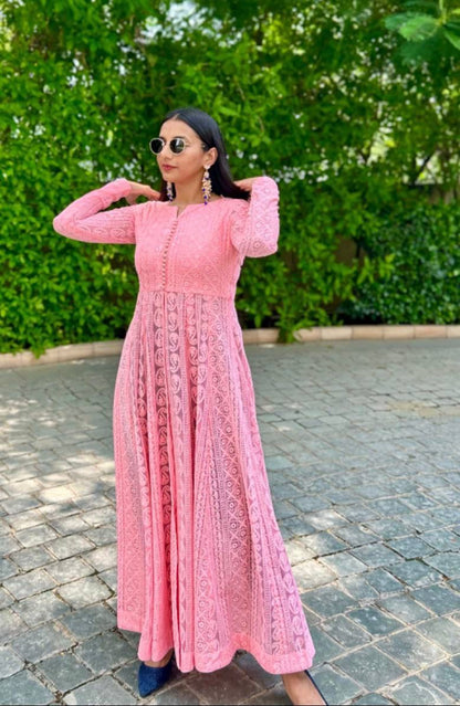 Stylish Chickankari Slit Cut Long Anarkali Kurti