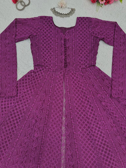 Stylish Chickankari Slit Cut Long Anarkali Kurti