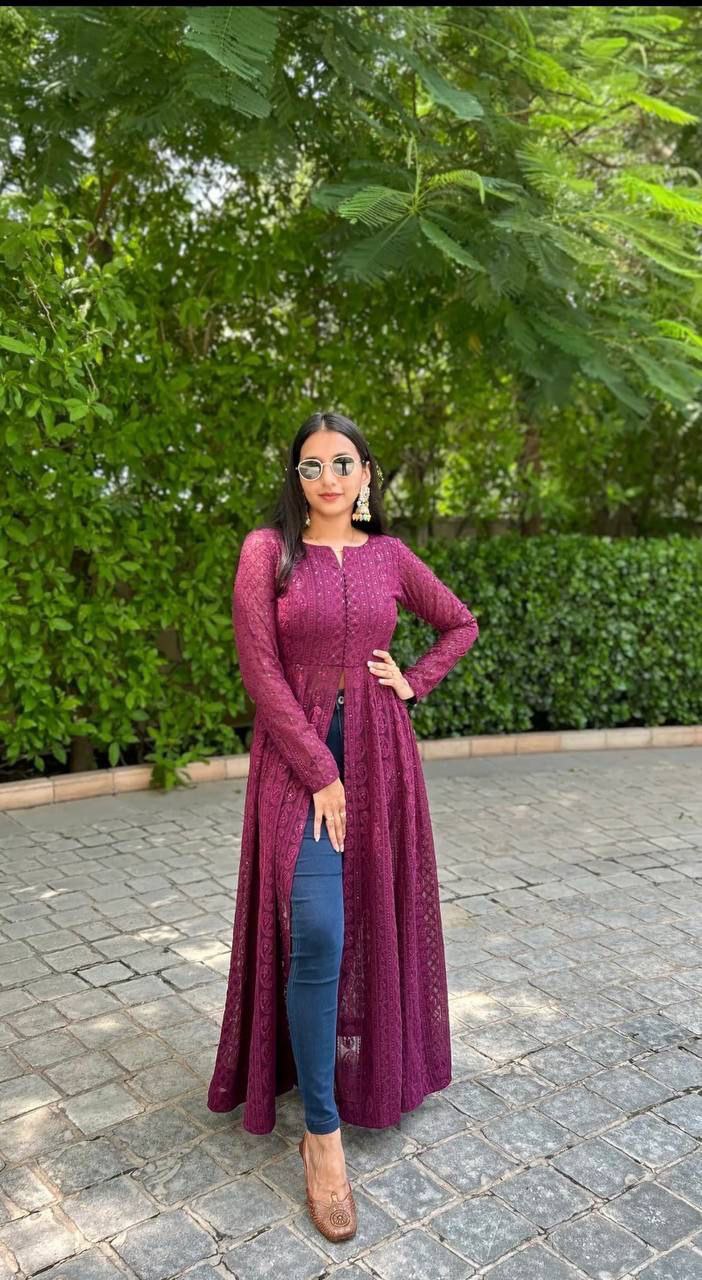 Stylish Chickankari Slit Cut Long Anarkali Kurti