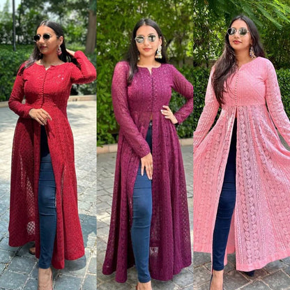 Stylish Chickankari Slit Cut Long Anarkali Kurti