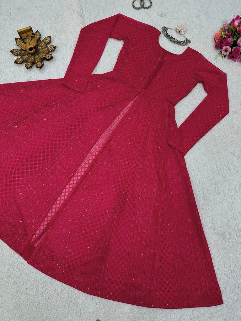 Stylish Chickankari Slit Cut Long Anarkali Kurti