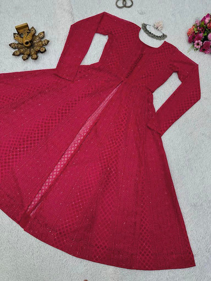 Stylish Chickankari Slit Cut Long Anarkali Kurti