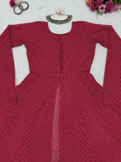 Stylish Chickankari Slit Cut Long Anarkali Kurti