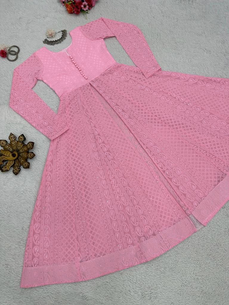 Stylish Chickankari Slit Cut Long Anarkali Kurti