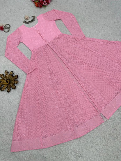 Stylish Chickankari Slit Cut Long Anarkali Kurti