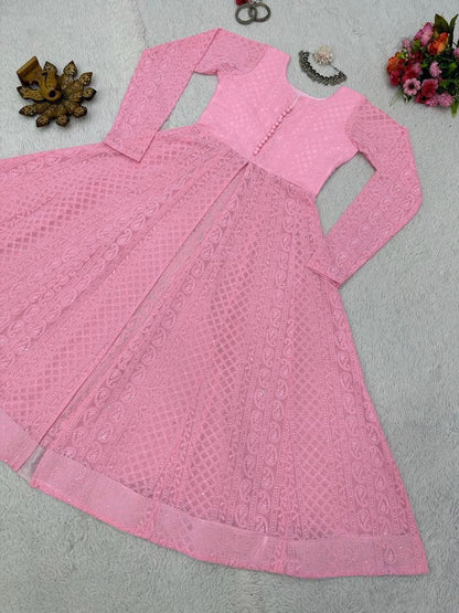 Stylish Chickankari Slit Cut Long Anarkali Kurti