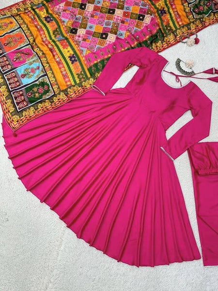 Rani Pink Color Satin Ready Made Salwar Suit