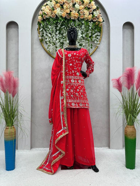 Stylish Red Color Full Embroidery Work Sharara Suit