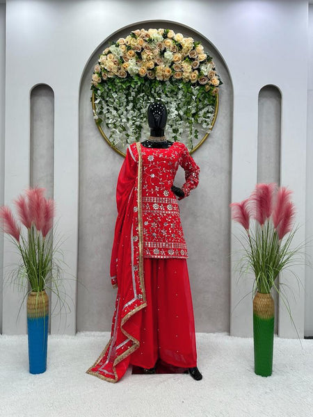 Stylish Red Color Full Embroidery Work Sharara Suit