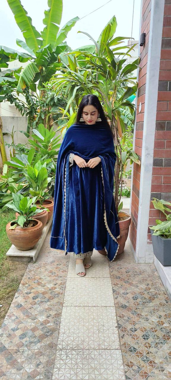 Latest Blue Color Velvet Sequence Work Ready Made Salwar Suit