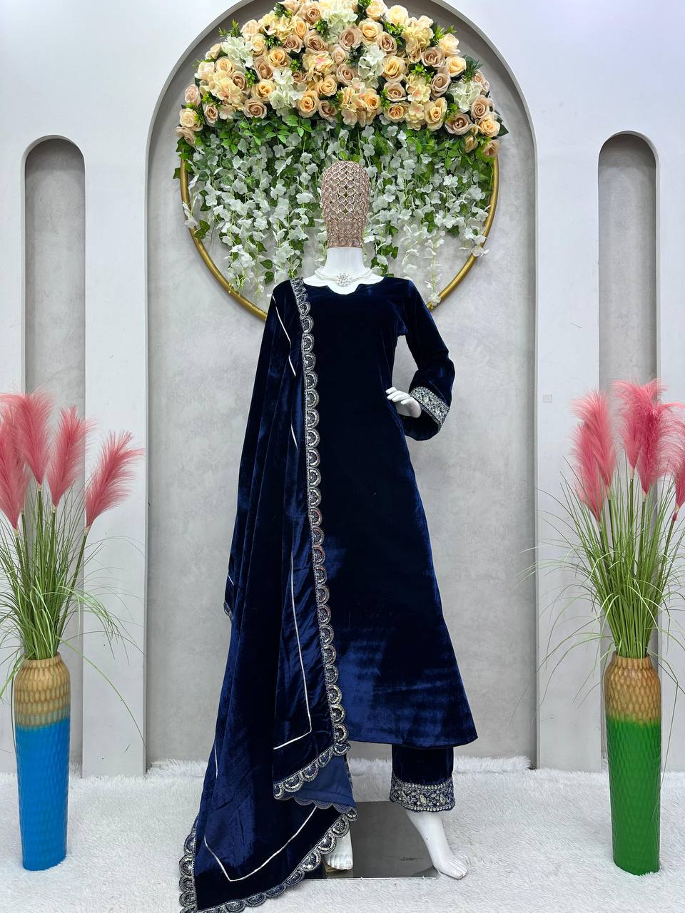 Latest Blue Color Velvet Sequence Work Ready Made Salwar Suit