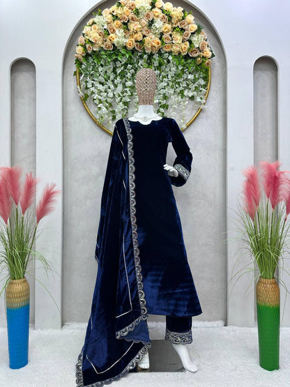 Latest Blue Color Velvet Sequence Work Ready Made Salwar Suit