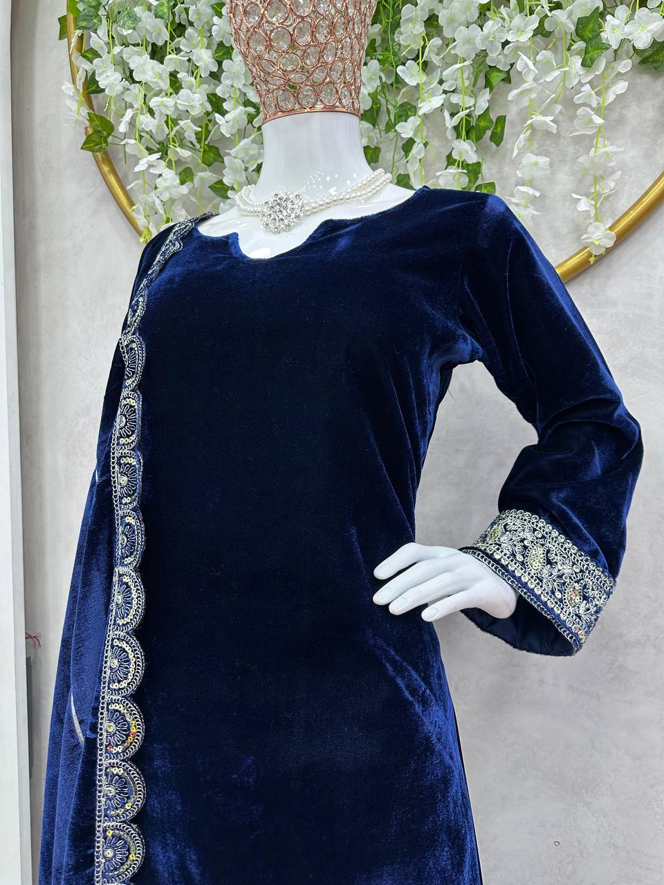 Latest Blue Color Velvet Sequence Work Ready Made Salwar Suit