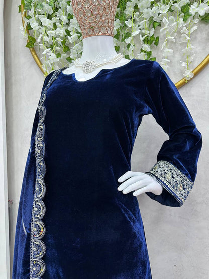 Latest Blue Color Velvet Sequence Work Ready Made Salwar Suit